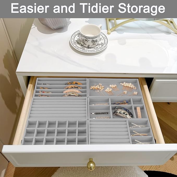 12Pcs Velvet Stackable Jewelry Trays, Jewelry Drawer Organizer, Large Removable Display Jewelry Tray, Necklace Bracelet Storage Box for Earring, Ring, Brooch, Watch (Grey)