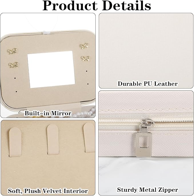 2-Pack PU Leather Travel Jewelry Organizer Cases with Mirror for Women, Portable Velvet Jewelry Box Set for Earrings, Rings, Necklace, Bracelet - Luxury Gift Set (Beige)
