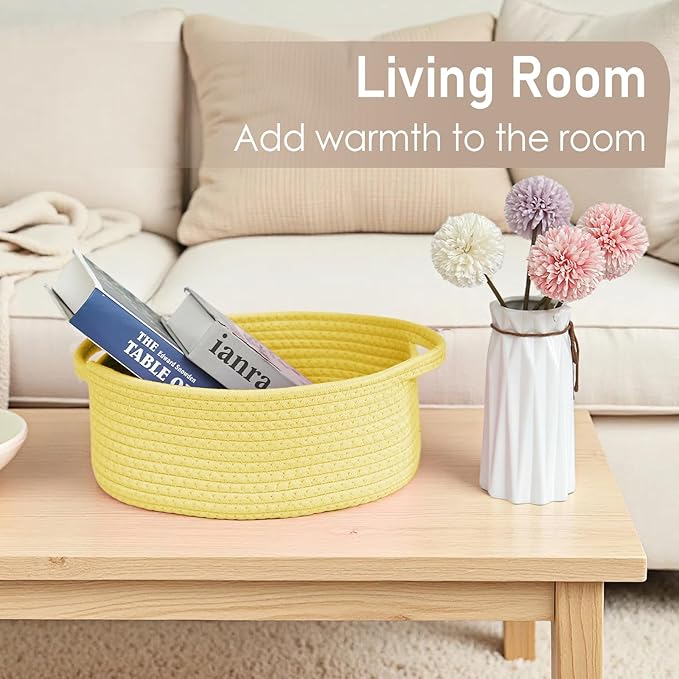 JMvicyroam Woven Basket,Small Rope Storage Bin with Handles & Ribbon Bag, Organizer for Shelves Closets,Gift Basket Empty for Birthday,Books,Dog Toys, Yellow/2 Pack