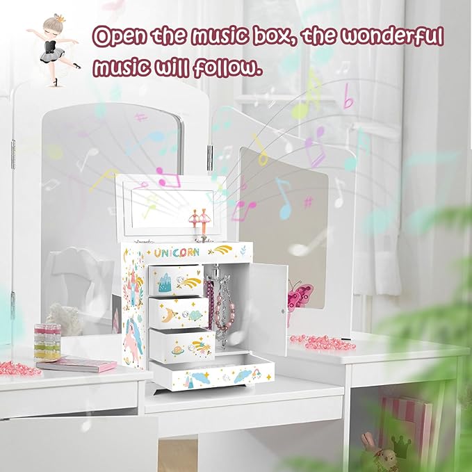 Large Jewelry Box for Girls 5-Layer Music Box with Swing Door Spinning Ballerina Unicorn Necklace & Bracelet Set Children Jewelry Organizer for Girls Kids Birthday Christmas Gift White