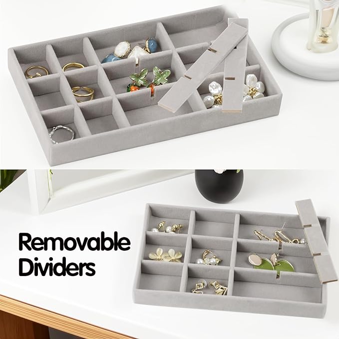 Set of 8 Stackable Jewelry Organizer Trays with 1 Lid for Drawer & Dresser Organizer, Adjustable Velvet Jewelry Box Tray Earring Organizer Necklace Storage Ring Bracelet Display Case (Gray)