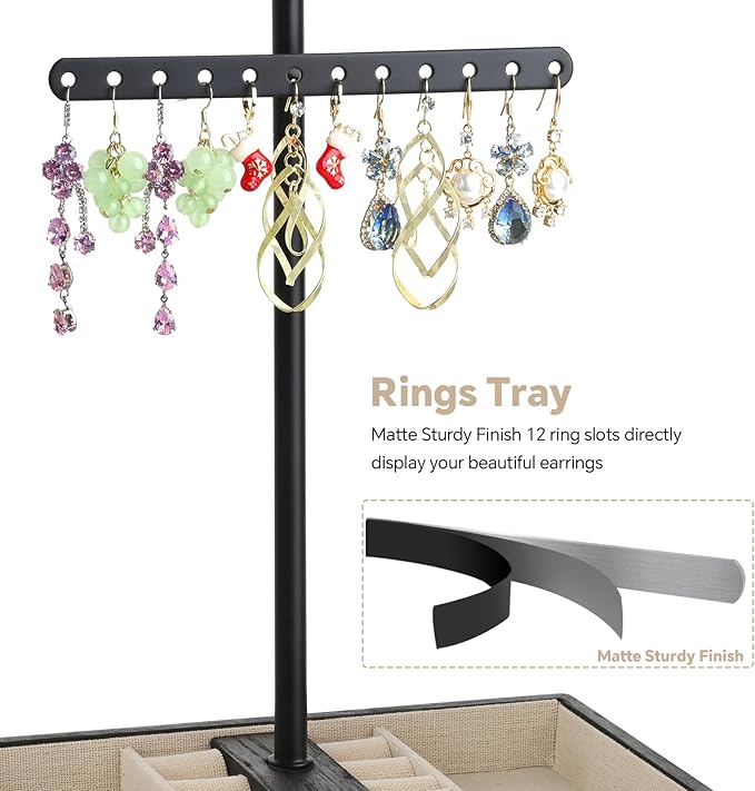 Meangood Jewelry Organizer Stand, 3-Tier Necklace Holder Jewelry Tree with Wooden Storage Drawer Box for Necklace Bracelet Earring Ring,Black