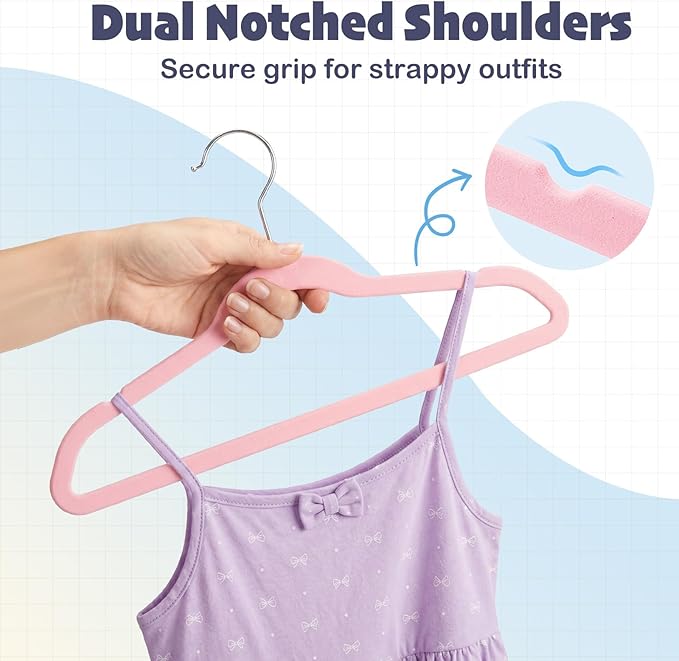 HOUSE DAY 14 Inch Kids Velvet Hangers 50 Pack, Durable Big Kids Hangers, Non Slip Kid Felt Hanger for Youth, Cute Childrens Hanger for Closet, Pink
