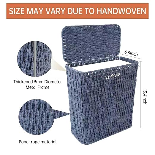 Coeusy 3 Gallon Paper Rope Bathroom Trash Can,Small Wicker Trash Cans with Lid and Liner,Woven Rattan Narrow Waste Basket for Bedroom,Office,Blue