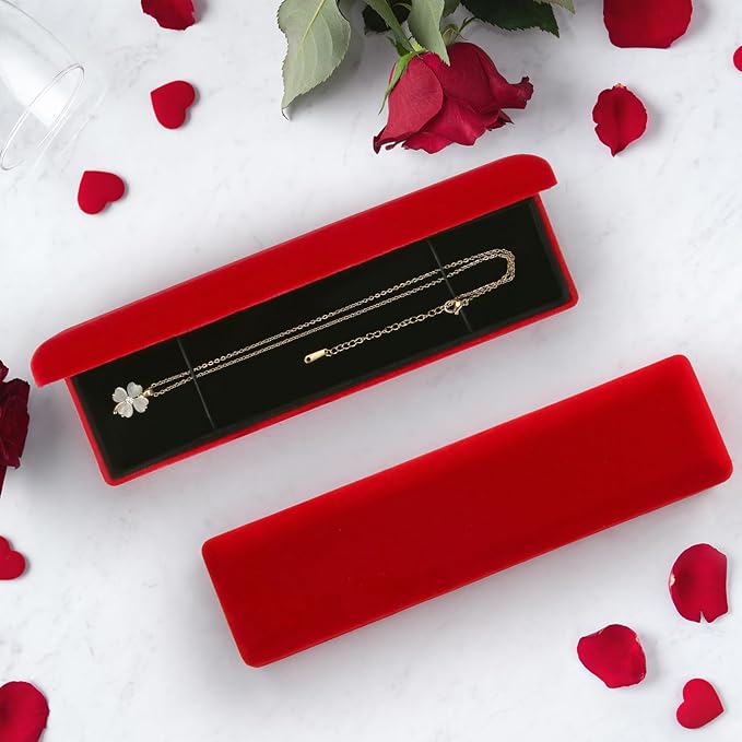 KUKUVR 2 Pieces Metal Velvet Necklace Bracelet Gift Box, Soft Lining Bracelet Pendant Long Chain Organizer Holder Display Case for Wedding Engagement Birthday Anniversary (Red)