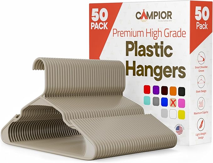 Plastic Clothes Hangers – Heavy Duty Hanger Set, for Organizing Clothes, Dresses, and Coat, Holds Up to 5 lbs, Space-Saving Hangers with Non-Slip Shoulder Grooves, Pack of 50, Ivory