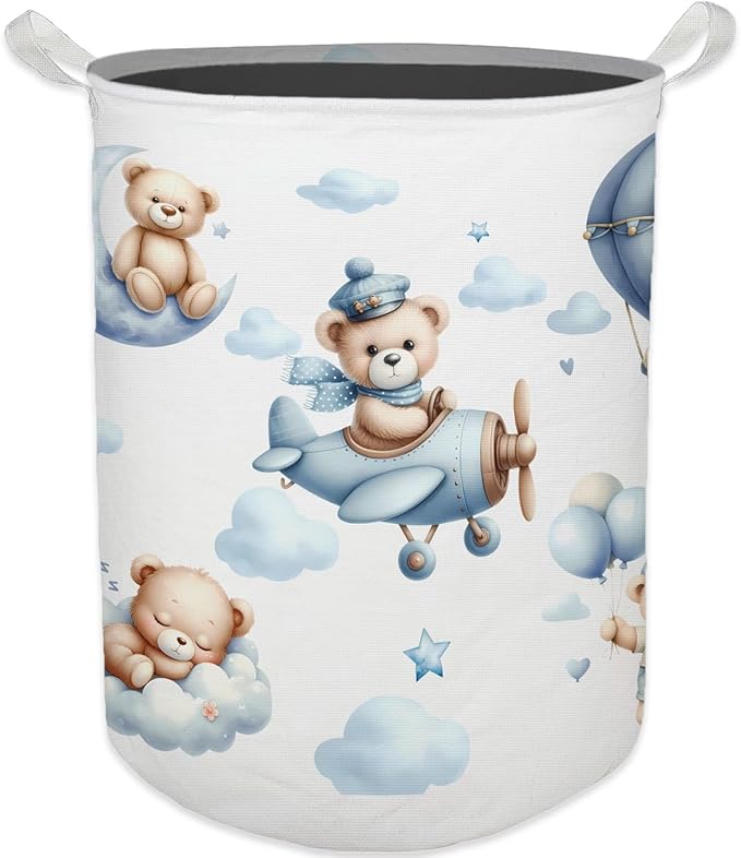 Baby Nursery Laundry Basket, Toybox for Boys Girls Room, Cute Blue Bear Laundry Basket Hamper Waterproof Collapsible Clothes Toys Storage Bin Organizer for Kids Room Playroom Bedroom Bathroom