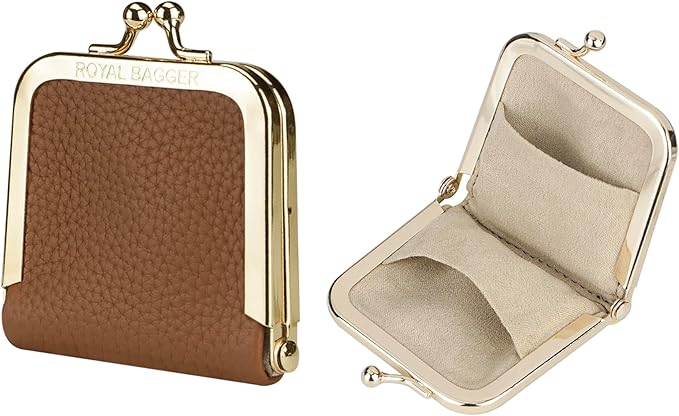 Royal Bagger Genuine Cow Leather Ultra-Slim Mini Jewelry Box, Ring & Necklace Storage, Slim Coin Purse with Kiss Lock for Women 3120 (Brown)