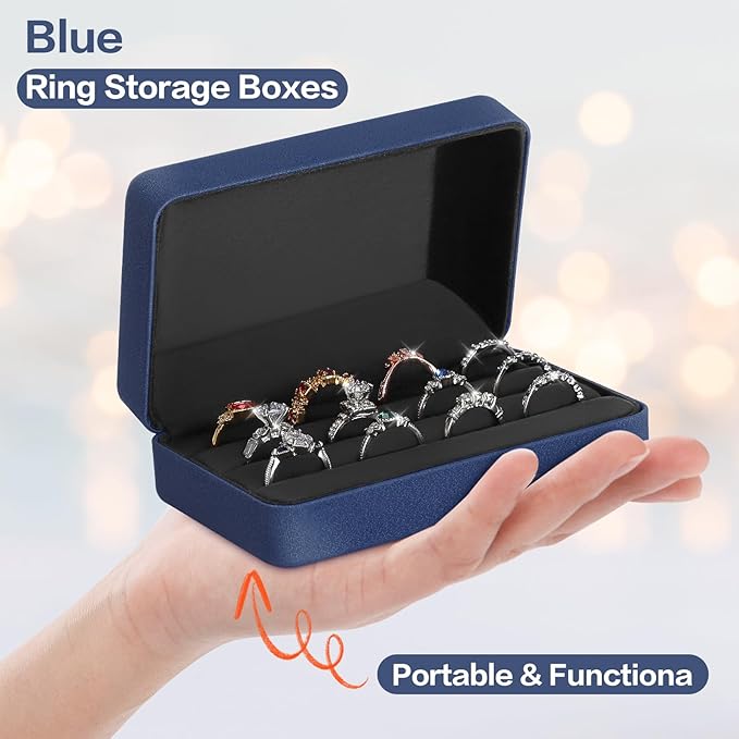 KUKUVR Velet Ring Storage Box - Multiple Rings, Travel Jewelry Case, 3 Slot Portable Ring Display Organizer (Blue)