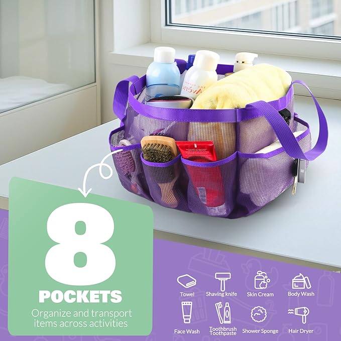 LOYEE Mesh Shower Caddy Portable for College Dorm Room Essentials with 8 Pockets, Shower Bag for Beach, Swimming, Gym, Travel, Bathroom(All purple)