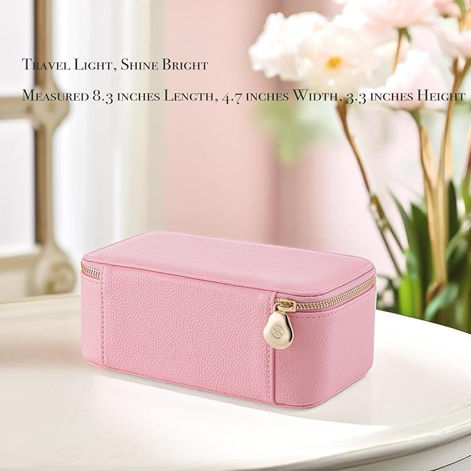 VLANDO Travel Jewelry Box Organizer – Portable PU Leather Jewelry Case with 6/8/12 Zippered Pouches, Compact Storage for Earrings Rings Necklaces Bracelets, Strawberry Pink