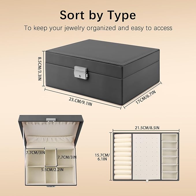 Homeanda Jewelry box 2 layer Jewelry box Leather Jewelry boxes for Women Girls Teens Jewelry organizer box Jewelry Storage box with lock(Black)