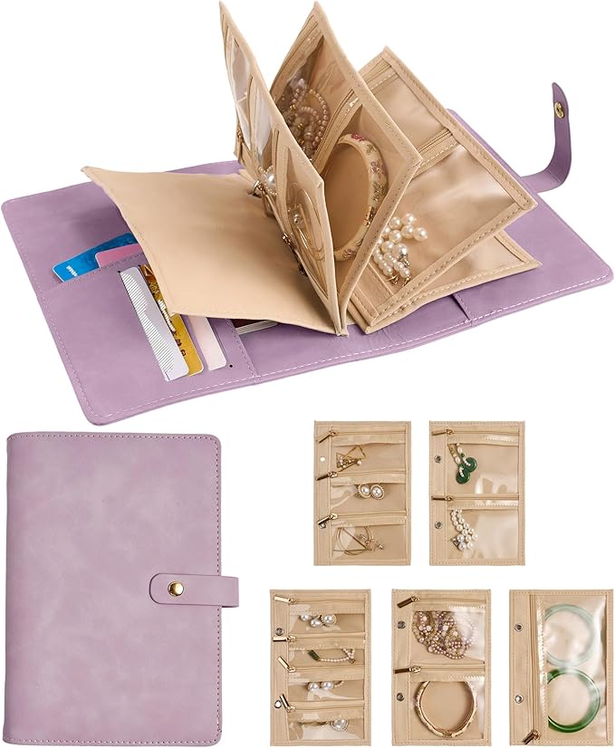Travel Jewelry Binder Organizer Storage Book - Jewelry Boxes PU Leather Organizer Case with Zipper Velvet Pouches for Women Gifts - Pale Lilac