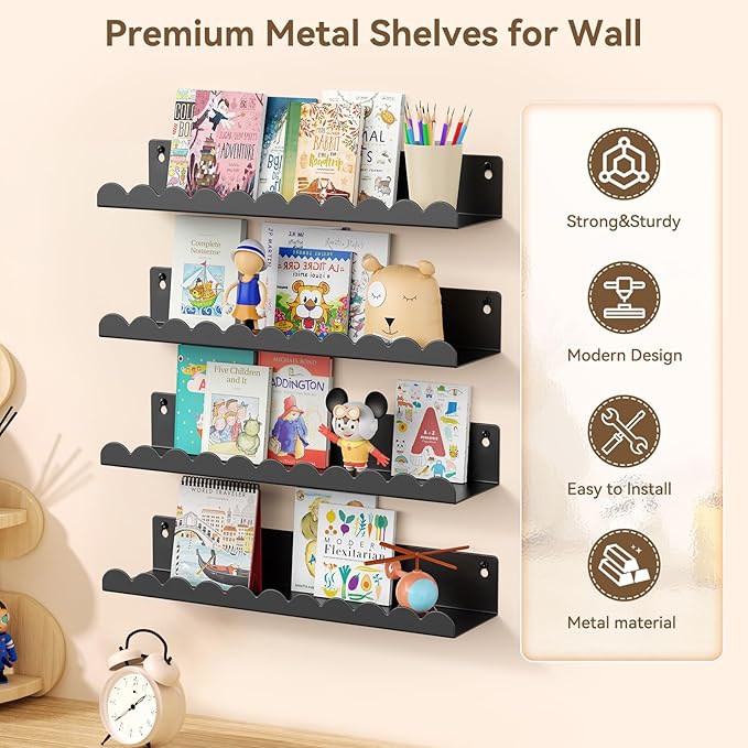 Nursery Book Shelves, 17 Inch Metal Floating Shelves for Wall 4 Pack, Scalloped Shelves, Wall Mounted Book Shelf for Kids Bedroom, Baby Room, Nursery Decor （Black）