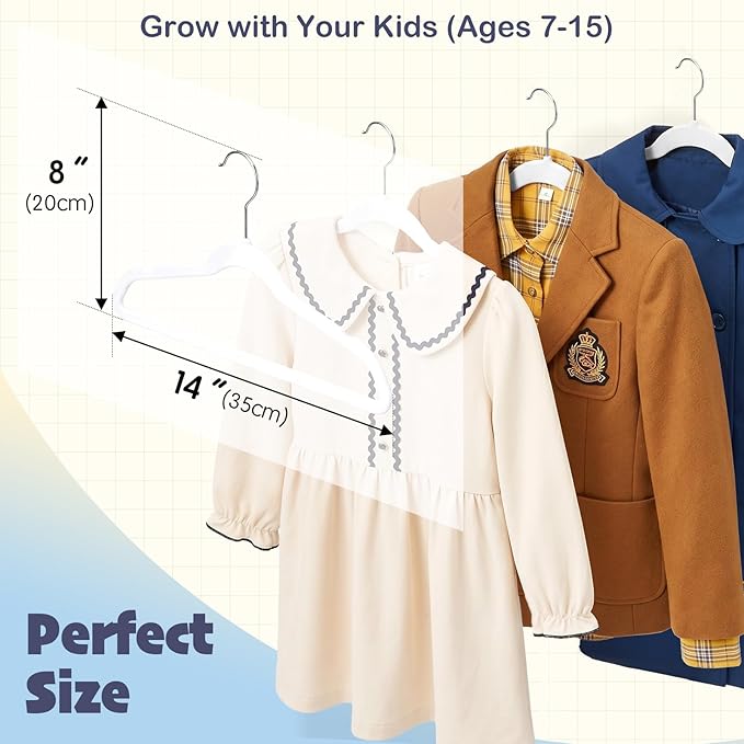 HOUSE DAY 14 Inch Kids Velvet Hangers 50 Pack, Durable Big Kids Hangers for Youth,Teen, Non Slip Kid Felt Hanger, Cute Childrens Hanger for Closet, White