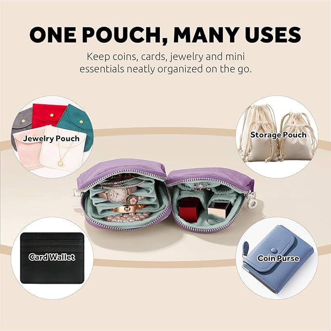 Small Travel Jewelry Case Set 2-in-1 Detachable Velvet Pouches, Portable Jewelry Organizer Bag for Rings Earrings Bracelets, Gift Box for Women (Lavender Purple)