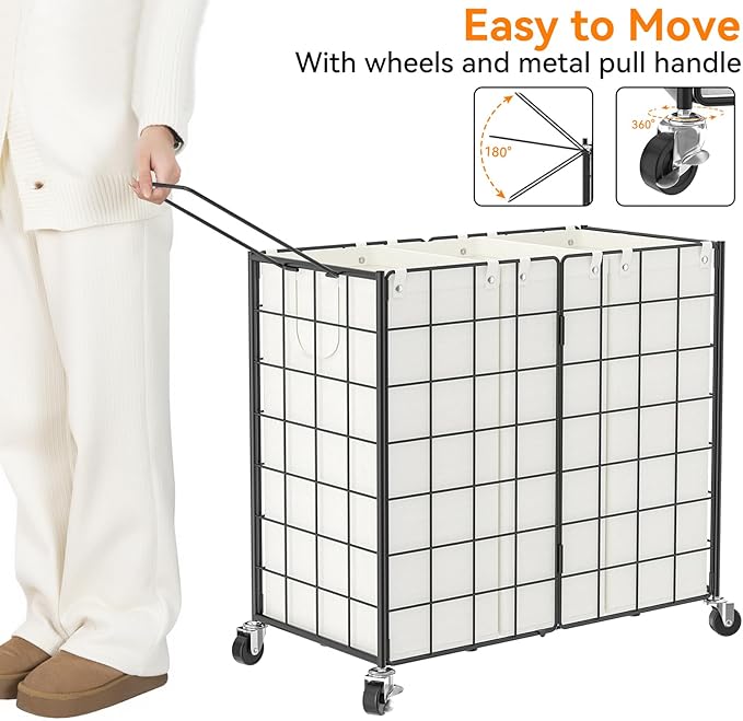 WOWLIVE Laundry Hamper with Wheels,Metal Wire Frame Rolling Laundry Basket 3 Section with Removable bags,150L Dirty Clothes Hamper Organizer Dorm Room Storage for Bedroom,Bathroom,Black and White