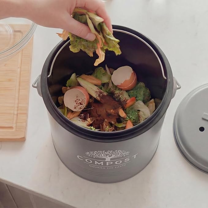 Perfnique Kitchen Compost Bin, 1.3 Gallon Countertop Compost Bin with Lid, Indoor Compost Bucket Includes Inner Bucket Liner and Carbon Filter, Small Compost Bin with Trash Bags (with Bags, Grey)