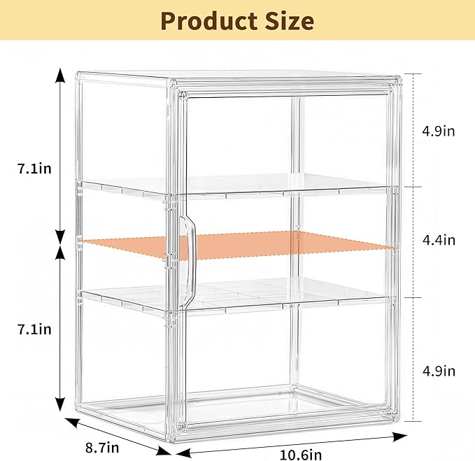 Acrylic Display Case for Collectibles, 3 Tier Clear Storage Bin with 3 Adjustable Layers and 2 Removable Divider, Stackable Clear Storage Box with Magnetic Door for Figures, Home or Office,Large