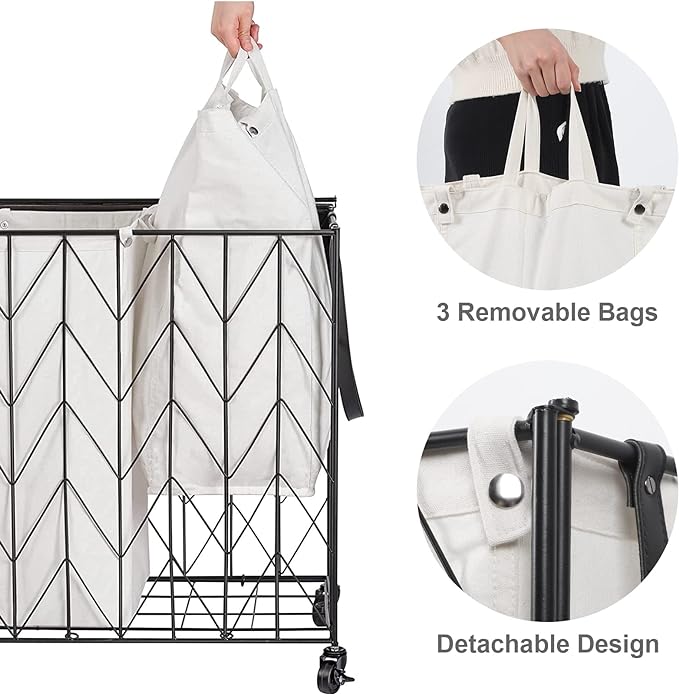WOWLIVE Laundry Basket with Wheels, 142L Laundry Hamper 3 Section with Lid, Dirty Clothes Hamper with Removable Bags, Large Capacity Iron-Made Laundry Basket Organizer Laundry Sorter for Dorm, Beige