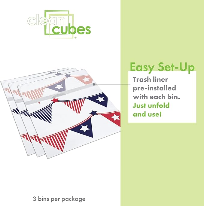 Clean Cubes 13 Gallon Disposable Pop-Up Trash Cans (3-Pack) with Fitted Bags – Foldable Garbage & Recycling Bins for Parties, Events & Kitchen (USA Flag, 17" H x 13.5" W x 10" D)