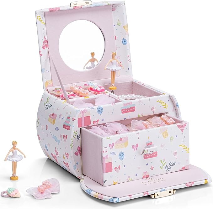 VLANDO Musical Jewelry Box for Girls Kids with Drawer, Music Box with Ballerina and Stickers for Birthday Bedroom Decor, Fantasy Princess