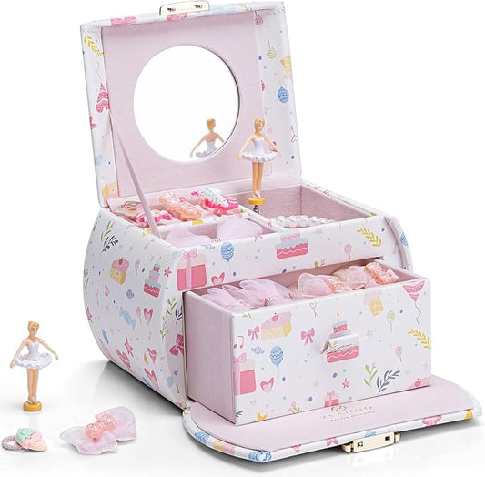 VLANDO Musical Jewelry Box for Girls Kids with Drawer, Music Box with Ballerina and Stickers for Birthday Bedroom Decor, Fantasy Princess
