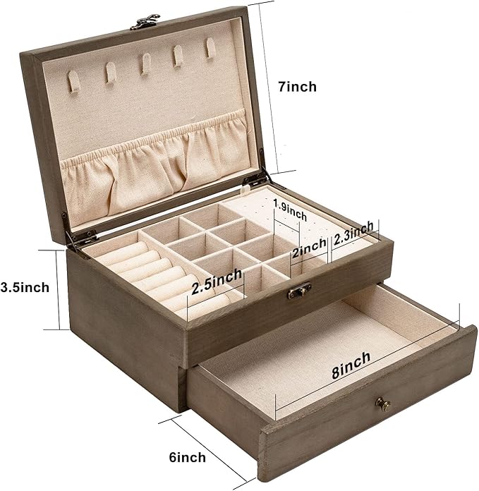 Pinzoveco Jewelry Box for Women, Rustic Wooden Jewelry Organizer Box for Storage Earrings Rings Necklace Bracelet, Farmhouse Style Wood Jewelry Boxes & Organizers (Gray)