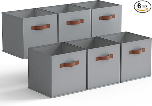 GRANNY SAYS 11 Inch Cube Storage Bins, 6 Pack Foldable Cube Storage Organizer, Fabric Storage Bins with PU Handle, Clothing Storage Baskets for Shelves, Closet, Grey, 6-Pack