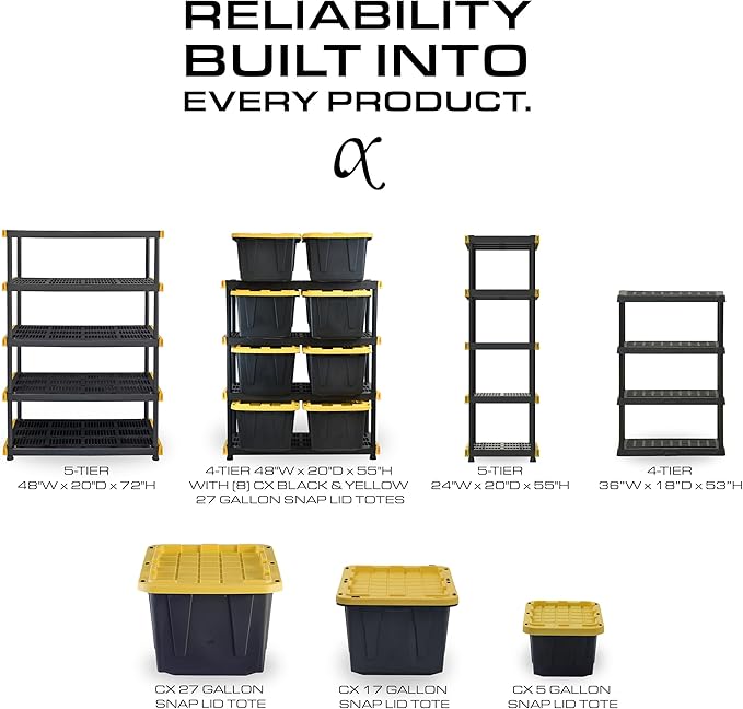 CENTREX CX 5-Tier (72”H x 36”W x 18”D) Plastic Storage Shelving Unit (Black), Heavy Duty, 150lbs Per Shelf Capacity, Indoor/Outdoor Storage and Organization in Home, Garage, Office with Easy Assembly