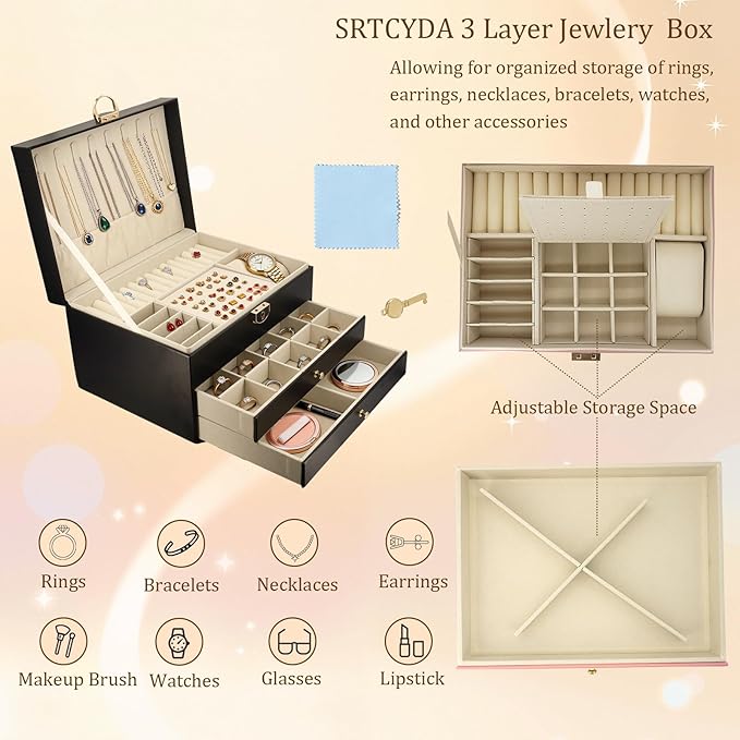 SRTCYDA Jewelry Box for Women, Large PU Leather jewelry organizers and storage, 3-Layer Jewelry Storage with 2 Drawers, Space-Saving Design for Vanity, Holds All Types of Jewelry (Black)