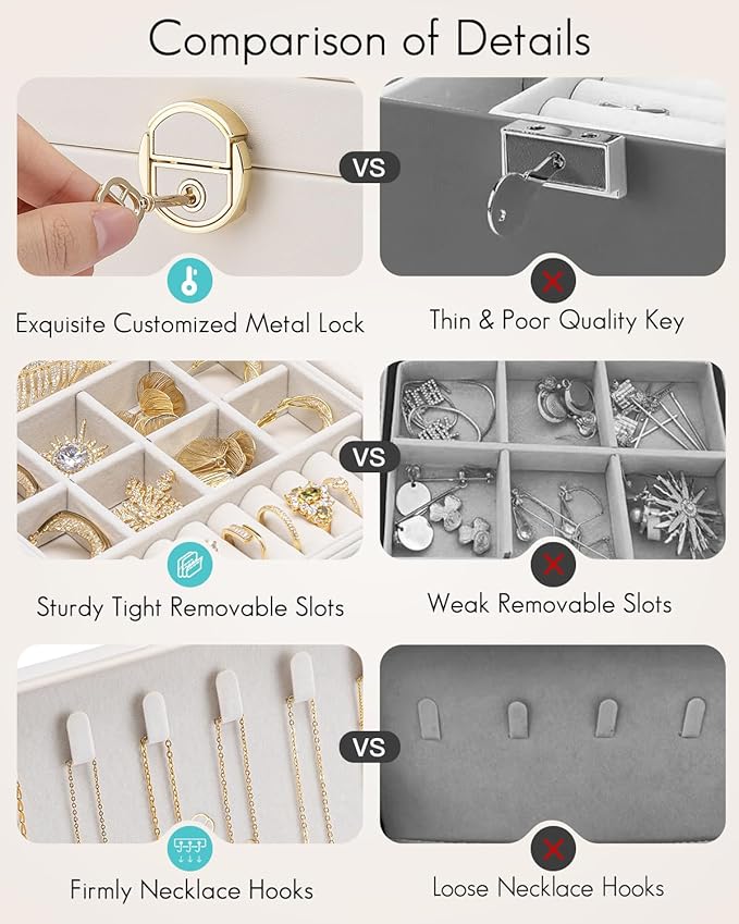 VLANDO 2 Layer Jewelry Box,Jewelry Organizer Storage Lockable Earring Organizer Removable Jewelry Tray with Watch Pillow for Neckable Ring Bracelets-Cream White