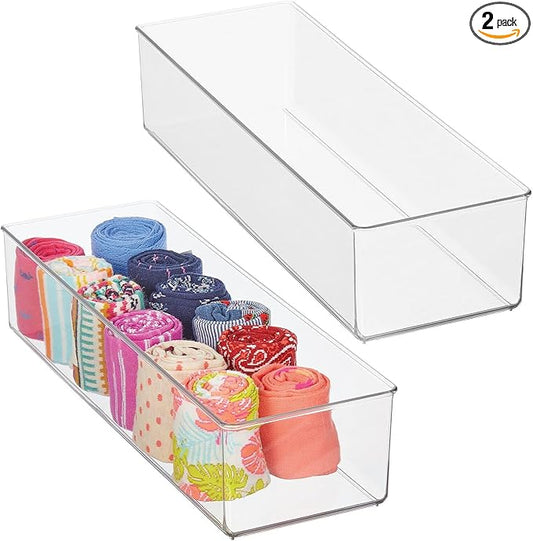 mDesign Plastic Drawer Organizer Box, Long Storage Organizer Bin Container; For Closets, Bedrooms, Use for Leggings, Socks, Ties, Jewelry, Accessories - Lumiere Collection - 2 Pack - Clear