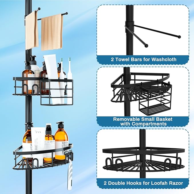 cutefafa Rustproof Corner Shower Caddy Tension Pole, 4 Large Baskets for Bathtub Shampoo Storage Organizer Bathroom Height Adjustable Shelves from 23.6 to 114.5 Inch with Towel Bar