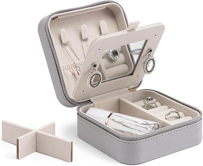 Vlando Small Travel Jewelry Box Organizer - Mirrored Jewelries Necklaces Rings Earrings Necklace Storage Case, Gray