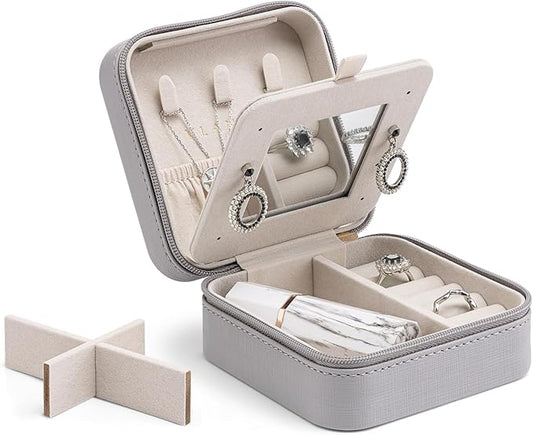 Vlando Small Travel Jewelry Box Organizer - Mirrored Jewelries Necklaces Rings Earrings Necklace Storage Case, Gray