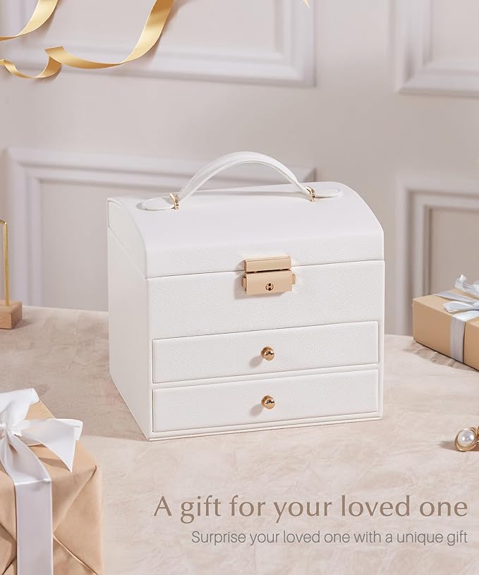 Homde Mothers Day Gifts Small Girls Jewelry Box with Lock: 3 Layer Organizer with Removable Tray - Storage for Ring Necklace Earring - Birthday & Return Gifts for Young Women (Cloud White)