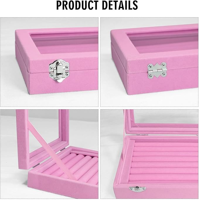 Vicoter Rings Organizer Tray 7 Slots Velvet Jewelry Earring Storage Box with Transparent lid Jewelry Display Case for Girls Wife Mom Women (Pink)
