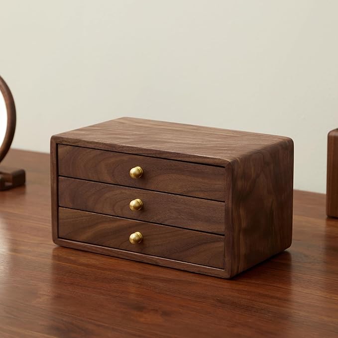 Wooden Jewelry Box for Women & Men, Large Velvet Lined Organizer with 3 Drawers, Solid Black Walnut Wood & Brass Handles, Earring Ring Necklace Storage Box