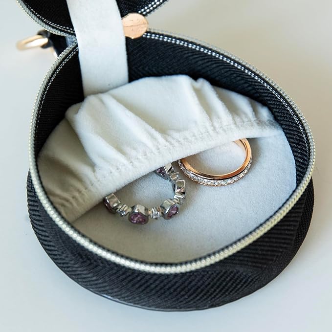 COLLECTIVE HOME - Monogrammed Letter Jewelry Case, Portable Travel Ring Holder Box with Keychain, Personalized Initial Organizer for Earrings Necklaces, Gift for Her (Black-r)