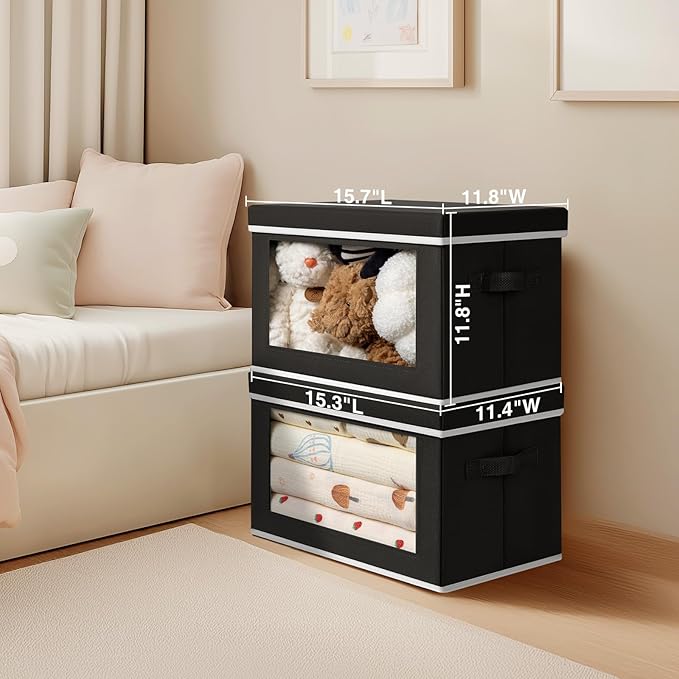 Homsorout Large Storage Baskets Bins with Lids - Stackable Cube Bins for Closet, 3 Pack Black Windows Organizer Bins, Home Organizers and Storage for Clothes, CD, Towels