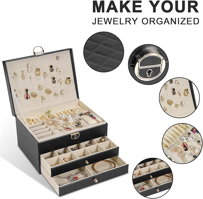 3-Layer Jewelry Box for Women, Jewelry Organizers and Storage with Removable Jewelry Tray, Vintage Quilted Top Lockable Jewelry Holder Gift Idea Black
