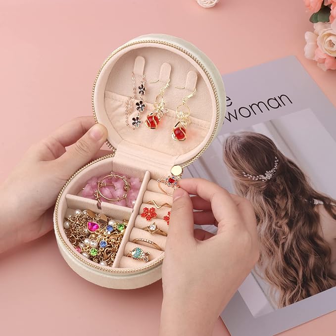 DesignSter Travel Jewelry Box - Velvet Mini Jewelry Organizer, Small Jewelry Case for Girls Women, Jewelry Storage Box for Rings Earrings Necklace (Circular, Cream Beige)