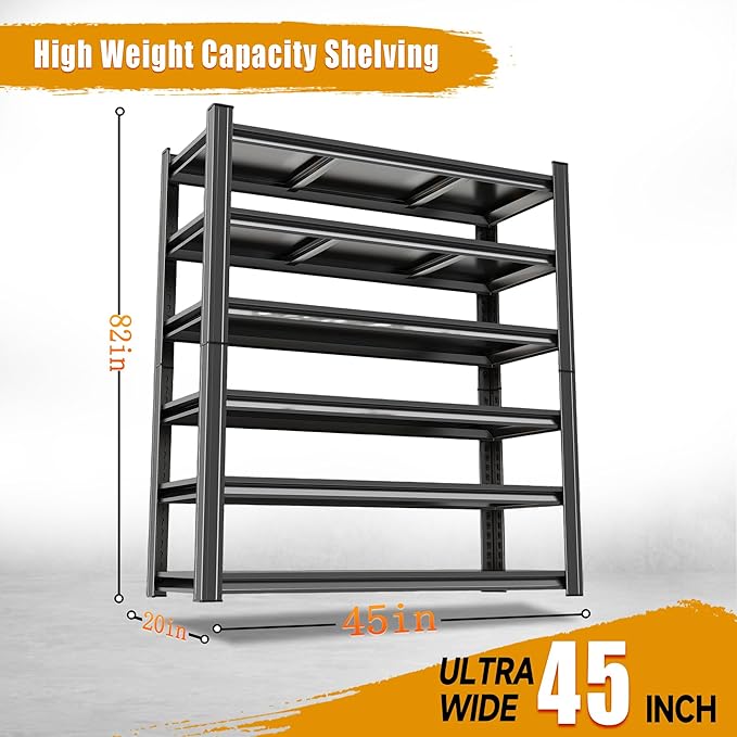 46" W Garage Shelving,6-Tier Heavy Duty Shelving, 3500 lbs Capacity Garage Storage Shelves, Industrial Shelves for Heavy Tools and Equipment, Ideal for Garage, Basement, Black 82" H x 46" W x 20" D