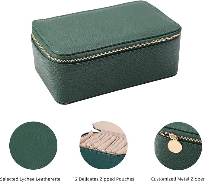 NCONCO Travel Jewelry Box, Portable PU Leather Travel Jewelry Organizer with 12pcs Velvet Bags Compact & Lightweight Travel Jewelry Case for Necklaces Rings Earrings Sorting Storage