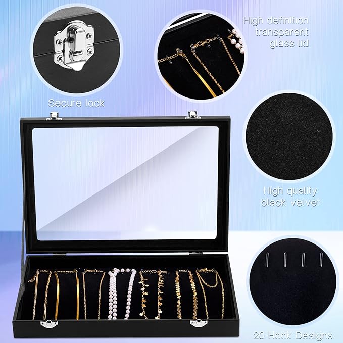 Kenning 2 Pieces Glass Lid Necklace Organizer Box 20 Hooks Necklace Tray Jewelry Holder Organizer Velvet Necklaces Holder Storage Display Case for Show Bracelet