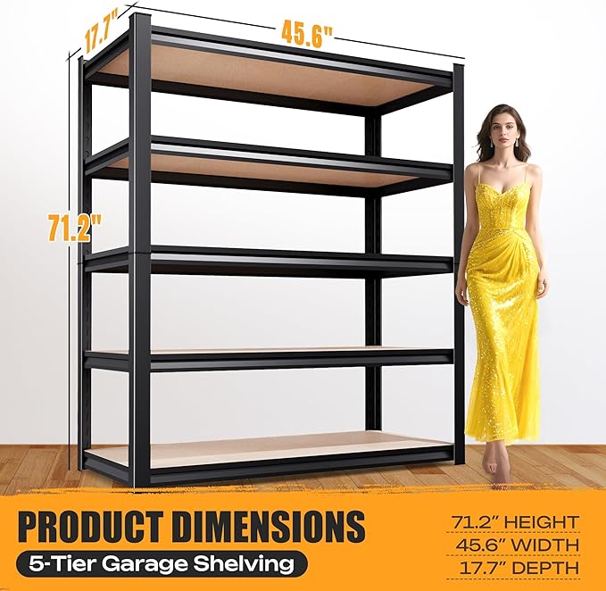 71.2" H Garage Shelving Heavy Duty Storage Shelves, Metal Adjustable Shelving Unit, Utility Garage Organizer Shelf for Basement, Pantry, Kitchen, Warehouse, 45.6" Wx17.7 Dx71.2 H, Black
