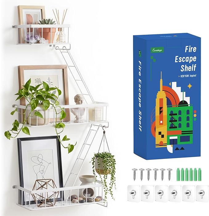 SweetSage Fire Escape Wall Shelf White - Modern New York City Wall Decorative Display Ladder Floating Shelves for Bedroom, Home Decor, Action Figure Display (2.5-Tier)