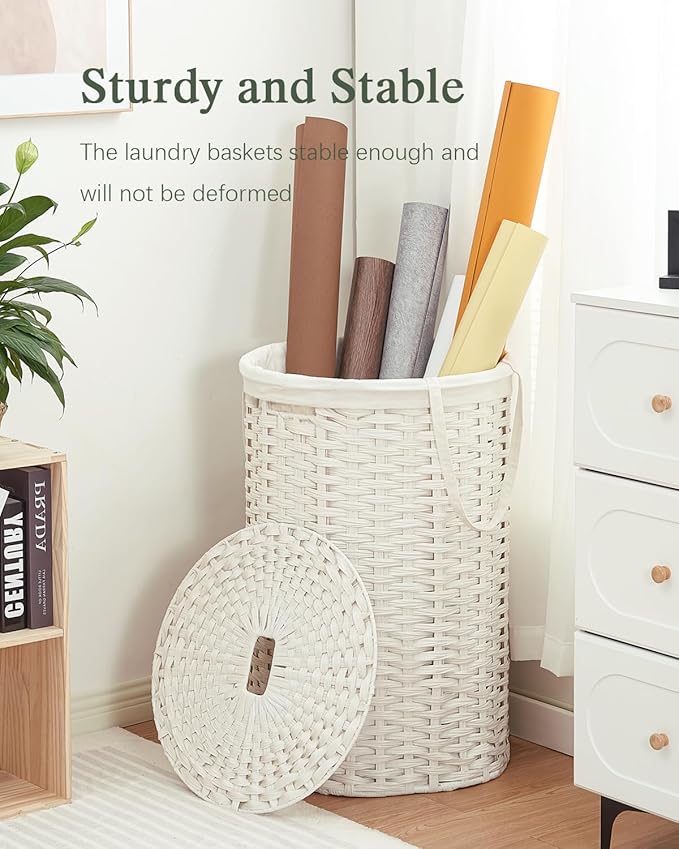 SETVSON Large Laundry Hamper Laundry Basket Round 34.3 Gal (130 L) Handwoven Wicker Laundry Baskets Rattan Laundry Basket with Laundry Bag Handles 2 Mesh Bags for Living Room Bedroom White