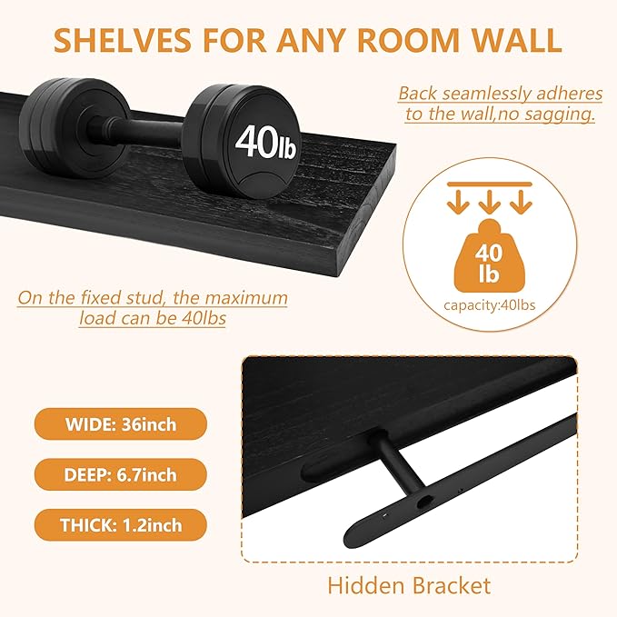 ROGMARS 36 Inches Long Black Floating Shelves,Rustic Solid Wood Farmhouse Wall Shelves with Invisible Brackets for Bathroom, Living Room, Bedroom, Kitchen Set of 2